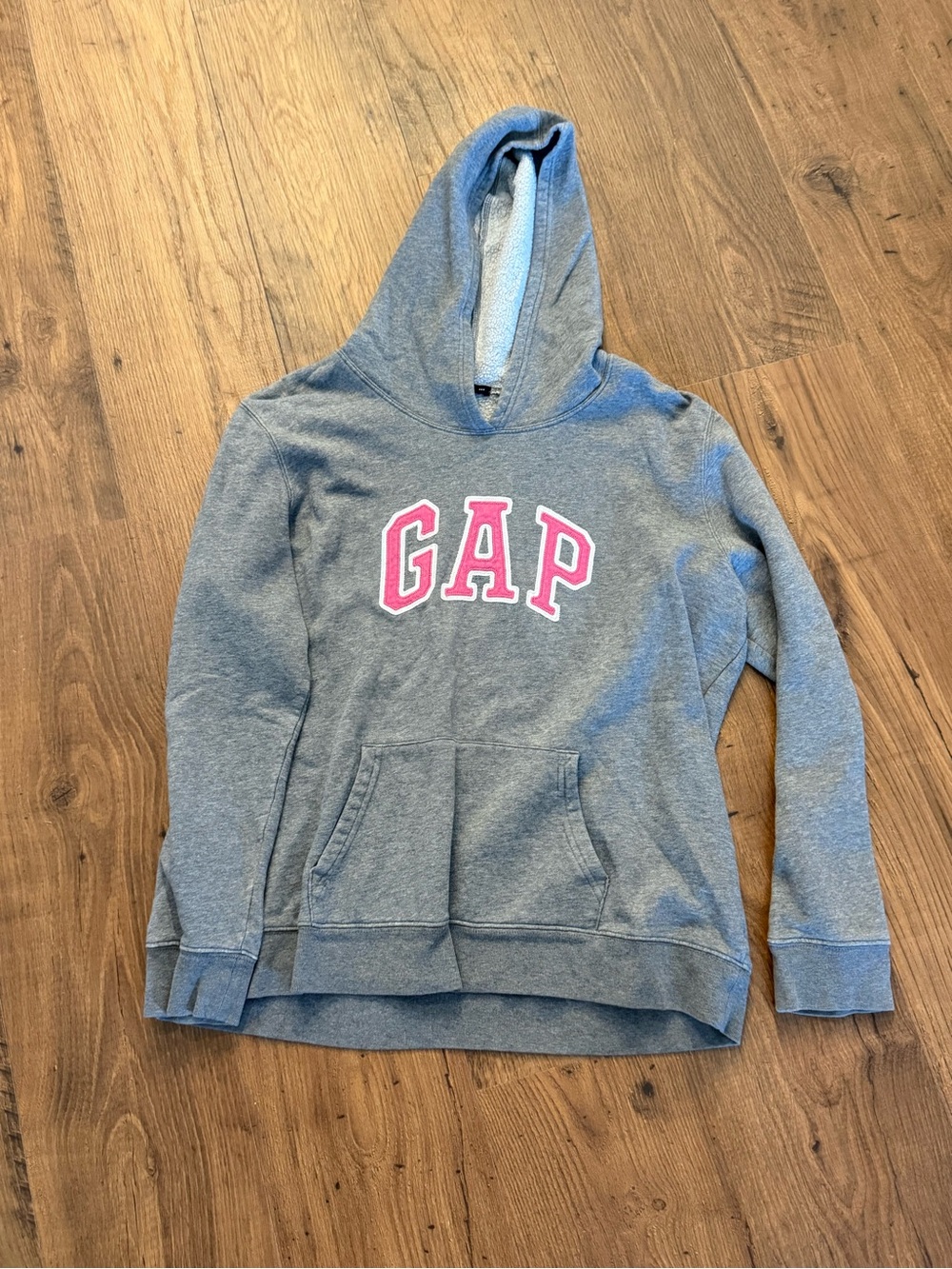 GAP Heather Gray Hoodie with Pink Lettering